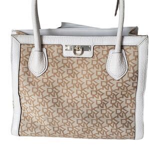 DKNY Logo Print Canvas & Leather Trimming Handbag